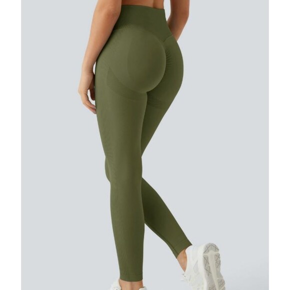 Green Scrunch Butt Side Ribbed High Waist Butt Lifting Active Leggings Sz Small - Picture 3 of 8